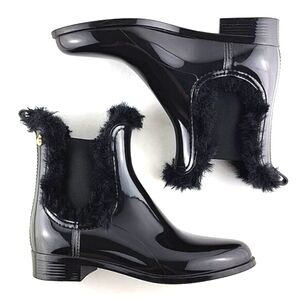Lemon Jelly Women's Chelsea Rain Boots Faux Fur Trim Glossy Waterproof Black 36